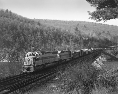 Erie Lackawanna Railroad diesel locomotive no. 3618 hauls eastbound freight at Millrift, Pennsylvania, on December 4, 1967; Photograph by Victor Hand; Hand-EL-30-143