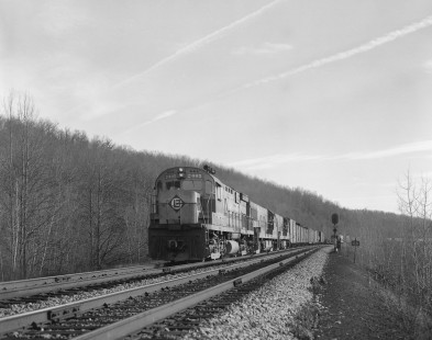 Erie Lackawanna Railroad locomotive no. 2405 leads a westbound freight train in Nicholson, Pennsylvania,  on November 15, 1966; Photograph by Victor Hand. Hand-EL-30-119