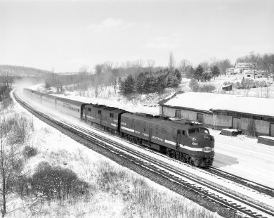 New York Central Railroad diesel locomotive no. 4056 with eastbound passenger train no. 72 in Palmyra, New York, on February 23, 1968. Photograph by Victor Hand. Hand-NYC-PC-CR-31-0126