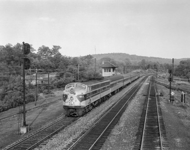 Erie Lackawanna Railroad locomotive no. 816 leads passenger train no. 43, "Twilight," at Port Morris Junction in Roxbury Township, New Jersey, on June 21, 1965. Photograph by Victor Hand. Hand-EL-30-051.JPG