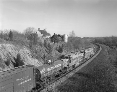 Erie Lackawanna Railroad eastbound freight in Blairstown, New Jersey, on November 5, 1965. Photograph by Victor Hand. Hand-EL-30-074