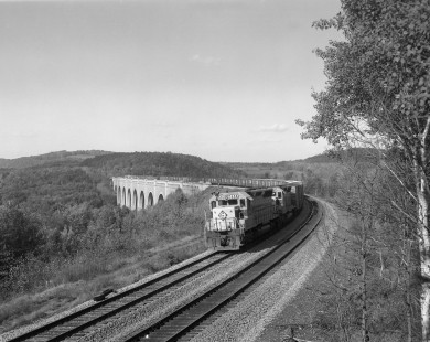 Erie Lackawanna Railway diesel locomotive no. 3606 leads a freight train across the Tunkhannock Viaduct in Nicholson, Pennsylvania, on October 4, 1975; Photograph by Victor Hand. Hand-EL-30-186