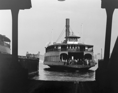 Erie Lackawanna Railroad ferryboat "Binghamton" at Hoboken Terminal in Hoboken, New Jersey, on July 28, 1965. Photograph by Victor Hand. Hand-EL-30-069.JPG.