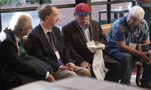 J. Craig Thorpe, Peter Mosse, John Kirchner, and Steven Meyer chat prior to the start of the Center's <a href="http://www.railphoto-art.org/conferences/conversations-west-2018/" rel="nofollow">Conversations West</a> conference at the California State Railroad Museum. Photograph for the Center for Railroad Photography & Art by Henry A. Koshollek