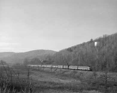 Erie Lackawanna Railroad no. 827 leads passenger train no. 1, the "Phoebe Snow," near New Milford, Pennsylvania, on November 23, 1966; Photograph by Victor Hand. Hand-EL-30-130.JPG