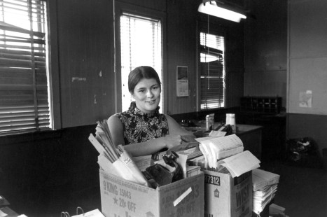 Cynthia Skidmore Lambrecht worked for the Milwaukee Road as a relief station agent from June 1969 through December 1977. The job took her from Mineral Point to Waukesha and from Janesville as far as Ontonagon, Michigan. Gruber took this photo in 1975 as the Sauk City/Prairie du Sac depot began closing down for the day.