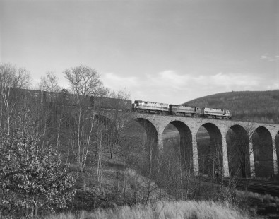 Erie Lackawanna Railroad locomotive no. 2404 hauls westbound freight across the Starrucca Viaduct in Lanesboro, Pennsylvania, on November 11, 1966; Photograph of Victor Hand. Hand-EL-30-133