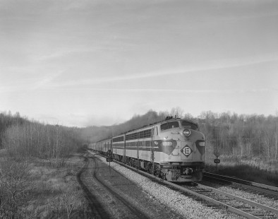 Erie Lackawanna Railroad locomotive no. 833 leads passenger train no. 2, the eastbound "Phoebe Snow," in Factoryville, Pennsylvania, on November 15, 1966; Photograph by Victor Hand. Hand-EL-30-120