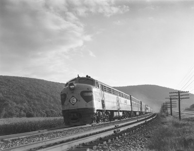 Erie Lackawanna Railroad diesel locomotive no. 815 leads eastbound mail and express train no. 4 in Hale Eddy, New York, on September 23, 1967; Photograph by Victor Hand. Hand-EL-30-142