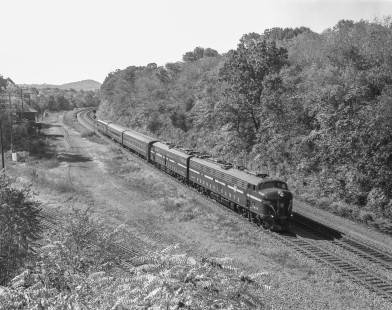 Pennsylvania Railroad diesel locomotives nos. 5809 and 5711 pull a special passenger train eastward in Birdsboro, Pennsylvania, on October 1, 2005. Photograph by Victor Hand. Hand-PRR-32-126.JPG