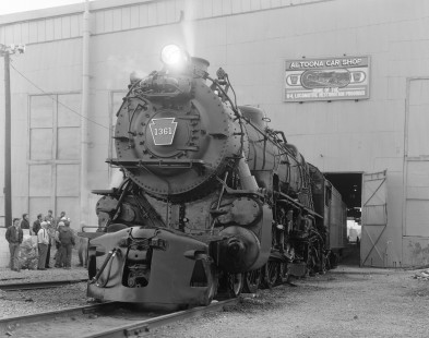 Pennsylvania Railroad K4 4-6-2 steam locomotive no. 1361 in front of Altoona Car Shop in Altoona, Pennsylvania, on April 11, 1987. Photograph by Victor Hand. Hand-NYC-PC-CR-31-0933
