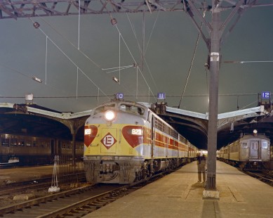 Erie Lackawanna Railroad locomotive no. 823 at the head of westbound passenger train no. 15, the "Owl," at Hoboken, New Jersey on June 17, 1965. Photograph by Victor Hand; Hand-EL-C30-005
