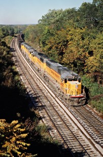 Southbound Missouri–Kansas–Texas Railroad coal train led by Union Pacific locomotives in McAlester, Oklahoma, on October 16, 1988. Photograph by John F. Bjorklund, © 2016, Center for Railroad Photography and Art. Bjorklund-70-20-05