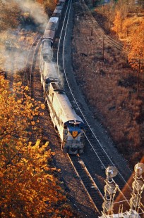 Southbound Delaware and Hudson Railway freight train near Lanesboro, Pennsylvania, on October 14, 1974. Photograph by John F. Bjorklund, © 2016, Center for Railroad Photography and Art. Bjorklund-56-07-17