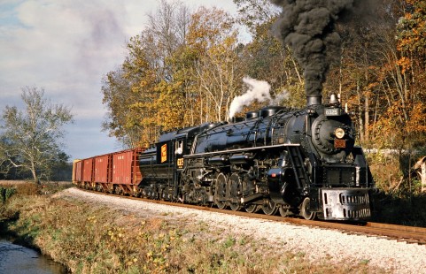 Southbound Ohio Central Railroad freight train with former Grand Trunk Western steam locomotive no. 6325 at Baltic, Ohio, on October 18, 2003. Photograph by John F. Bjorklund, © 2016, Center for Railroad Photography and Art. Bjorklund-78-14-07