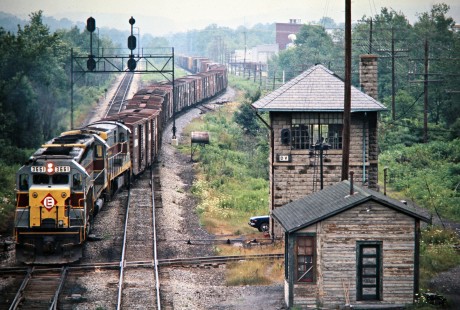 Westbound Erie Lackawanna Railway freight train at DV Tower in Falconer, New York, on July 20, 1975. Photograph by John F. Bjorklund, © 2016, Center for Railroad Photography and Art. Bjorklund-55-03-06