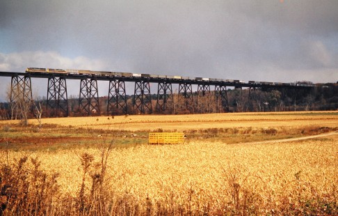 Westbound Erie Lackawanna Railway freight train in Belfast, New York, on October 20, 1974. Photograph by John F. Bjorklund, © 2016, Center for Railroad Photography and Art. Bjorklund-54-28-24