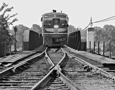 Alco PA leads Missouri Pacific Railroad <i>Texas Eagle</i> passenger train over Colorado River at Austin, Texas, in August 1964. Photograph by J. Parker Lamb, © 2016, Center for Railroad Photography and Art. Lamb-02-058-06