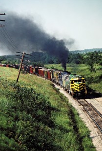 Southbound Missouri–Kansas–Texas Railroad freight train near Caddo, Oklahoma, on July 16, 1981. Photograph by John F. Bjorklund, © 2016, Center for Railroad Photography and Art. Bjorklund-70-16-18