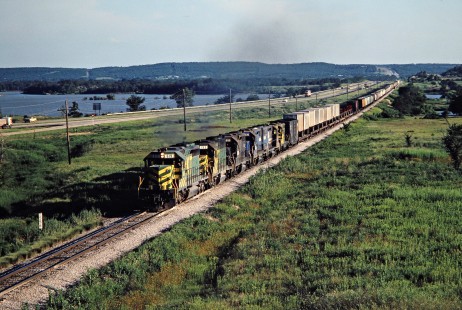 Northbound Missouri–Kansas–Texas Railroad freight train in Crowder, Oklahoma, on July 15, 1981. Photograph by John F. Bjorklund, © 2016, Center for Railroad Photography and Art. Bjorklund-70-12-15