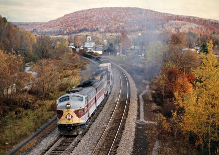 Eastbound Erie Lackawanna Railway freight train in New Milford, Pennsylvania, on October 18, 1974. Photograph by John F. Bjorklund, © 2016, Center for Railroad Photography and Art. Bjorklund-54-27-25