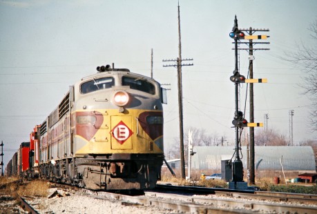 Eastbound Erie Lackawanna Railway freight train at DA Tower in Decatur, Indiana, on November 16, 1975. Photograph by John F. Bjorklund, © 2016, Center for Railroad Photography and Art. Bjorklund-56-07-11