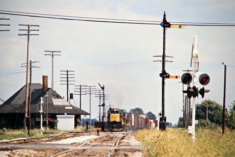 Westbound Erie Lackawanna Railway freight train at Ohio City, Ohio, on September 13, 1975. Photograph by John F. Bjorklund, © 2016, Center for Railroad Photography and Art. Bjorklund-55-10-16