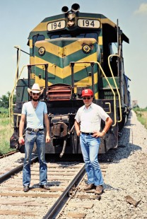 John F. Bjorklund, right, with engineer in front of westbound Missouri–Kansas–Texas Railroad freight train at Lindale, Missouri, on July 12, 1981. Photograph by John F. Bjorklund, © 2016, Center for Railroad Photography and Art. Bjorklund-70-07-14