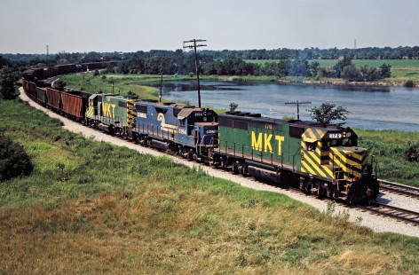 Eastbound Missouri–Kansas–Texas Railroad freight train in Parsons, Kansas, on July 14, 1981. Photograph by John F. Bjorklund, © 2016, Center for Railroad Photography and Art. Bjorklund-70-08-15
