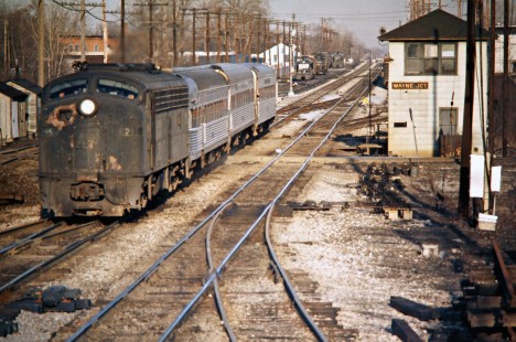 Westbound Amtrak passenger train no. 363, <i>St. Clair</i>, operating on Penn Central in Wayne, Michigan, on March 7, 1974. Photograph by John F. Bjorklund, © 2016, Center for Railroad Photography and Art. Bjorklund-79-26-13