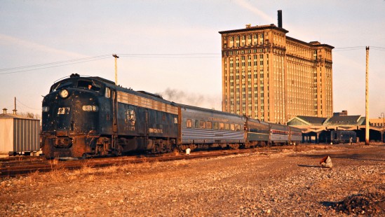 Westbound Amtrak passenger train no. 363, the <i>St. Clair</i>, in Detroit, Michigan, on October 26, 1974. Photograph by John F. Bjorklund, © 2016, Center for Railroad Photography and Art. Bjorklund-79-28-12