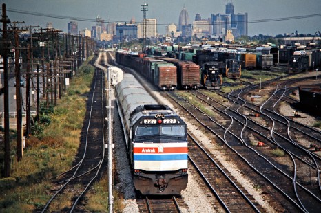 Westbound Amtrak passenger train no. 355 operating on Conrail in Dearborn, Michigan, on September 10, 1976. Photograph by John F. Bjorklund, © 2016, Center for Railroad Photography and Art. Bjorklund-80-13-19