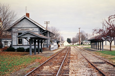 Ohio Central Railroad depot in Dresden, Ohio, on November 30, 2004. Photograph by John F. Bjorklund, © 2016, Center for Railroad Photography and Art. Bjorklund-78-22-08