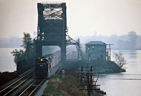Westbound Amtrak passenger train no. 49, the <i>Lake Shore Limited</i>, with Conrail power in Port Clinton, Ohio, on October 22, 1977. Photograph by John F. Bjorklund, © 2016, Center for Railroad Photography and Art. Bjorklund-80-28-02