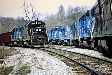 Northbound and southbound Conrail freight trains meet at Corning, Ohio, on April 21, 1979. Photograph by John F. Bjorklund, © 2016, Center for Railroad Photography and Art. Bjorklund-81-14-19