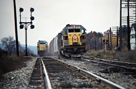 Eastbound Erie Lackawanna Railway freight trains meet in Transfer, Pennsylvania, on October 26, 1975. Photograph by John F. Bjorklund, © 2016, Center for Railroad Photography and Art. Bjorklund-55-17-11