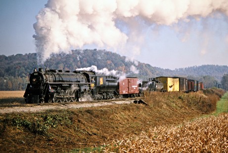 Westbound Ohio Central Railroad freight train led by former Grand Trunk Western steam locomotive no. 6325 at Morgan Run, Ohio, on October 19, 2003. Photograph by John F. Bjorklund, © 2016, Center for Railroad Photography and Art. Bjorklund-78-17-20
