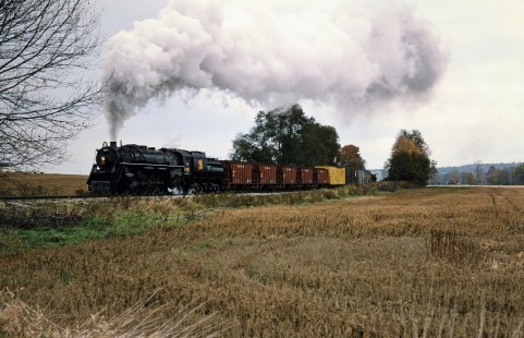 Southbound Ohio Central Railroad freight train led by former Grand Trunk Western steam locomotive no. 6325 at Sugarcreek, Ohio, on October 18, 2003. Photograph by John F. Bjorklund, © 2016, Center for Railroad Photography and Art. Bjorklund-78-12-06
