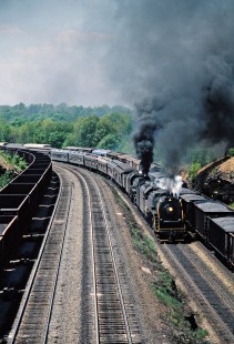 Eastbound steam excursion train led by Reading locomotive no. 2102 on Conrail at Gallitzin, Pennsylvania, on May 22, 1977. Photograph by John F. Bjorklund, © 2016, Center for Railroad Photography and Art. Bjorklund-80-21-21