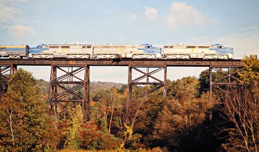 Eastbound Delaware and Hudson Railway passenger train led by PA units at Ninevah, New York, on September 29, 1973. Photograph by John F. Bjorklund, © 2016, Center for Railroad Photography and Art. Bjorklund-56-07-22