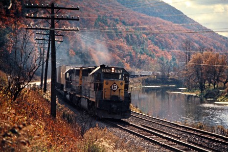 Westbound Erie Lackawanna Railway freight train in Cameron, New York, on October 20, 1974. Photograph by John F. Bjorklund, © 2016, Center for Railroad Photography and Art. Bjorklund-54-27-09