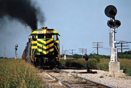 Southbound Missouri–Kansas–Texas Railroad freight train in Caddo, Oklahoma, on July 16, 1981. Photograph by John F. Bjorklund, © 2016, Center for Railroad Photography and Art. Bjorklund-70-16-15