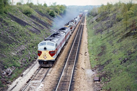 Westbound Erie Lackawanna Railway freight train in Pavonia, Ohio, on May 13, 1973. Photograph by John F. Bjorklund, © 2016, Center for Railroad Photography and Art. Bjorklund-54-11-21