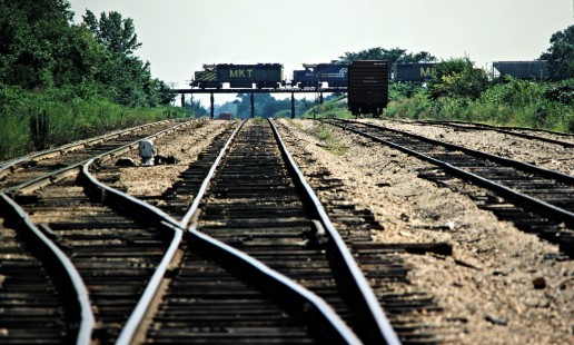 Eastbound Missouri–Kansas–Texas Railroad freight train crossing the Kansas City Southern Railway at Eve, Missouri, on July 14, 1981. Photograph by John F. Bjorklund, © 2016, Center for Railroad Photography and Art. Bjorklund-70-09-09