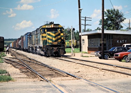Southbound Missouri–Kansas–Texas Railroad freight train at McAlester, Oklahoma, on July 15, 1981. Photograph by John F. Bjorklund, © 2016, Center for Railroad Photography and Art. Bjorklund-70-10-03