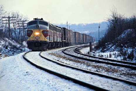 Westbound Erie Lackawanna Railway freight train approaching brickyard in Pavonia/Mansfield, Ohio, on January 5, 1974. Photograph by John F. Bjorklund, © 2016, Center for Railroad Photography and Art. Bjorklund-54-22-06