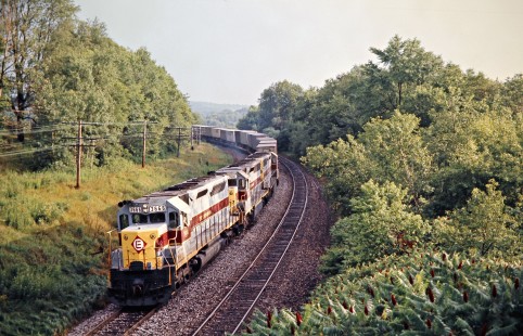 Eastbound Erie Lackawanna Railway freight train in Venango, Pennsylvania, on July 19, 1975. Photograph by John F. Bjorklund, © 2016, Center for Railroad Photography and Art. Bjorklund-55-02-18
