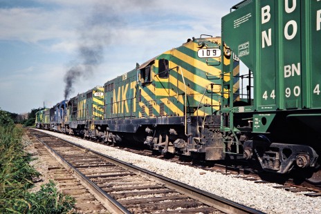 Southbound Missouri–Kansas–Texas Railroad freight train in Canadian, Oklahoma, on July 16, 1981. Photograph by John F. Bjorklund, © 2016, Center for Railroad Photography and Art. Bjorklund-70-13-02