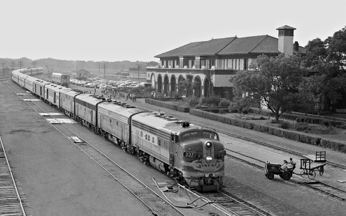 Southbound Atchison, Topeka and Santa Fe Railway <i>Texas Chief</i> passenger train pulls into station (and division offices)  at Temple, Texas, in late afternoon of July 1964. Photograph by J. Parker Lamb, © 2016, Center for Railroad Photography and Art. Lamb-02-066-04
