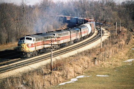 Westbound Erie Lackawanna Railway freight train in Huntington, Indiana, on February 14, 1976. Photograph by John F. Bjorklund, © 2016, Center for Railroad Photography and Art. Bjorklund-55-26-14